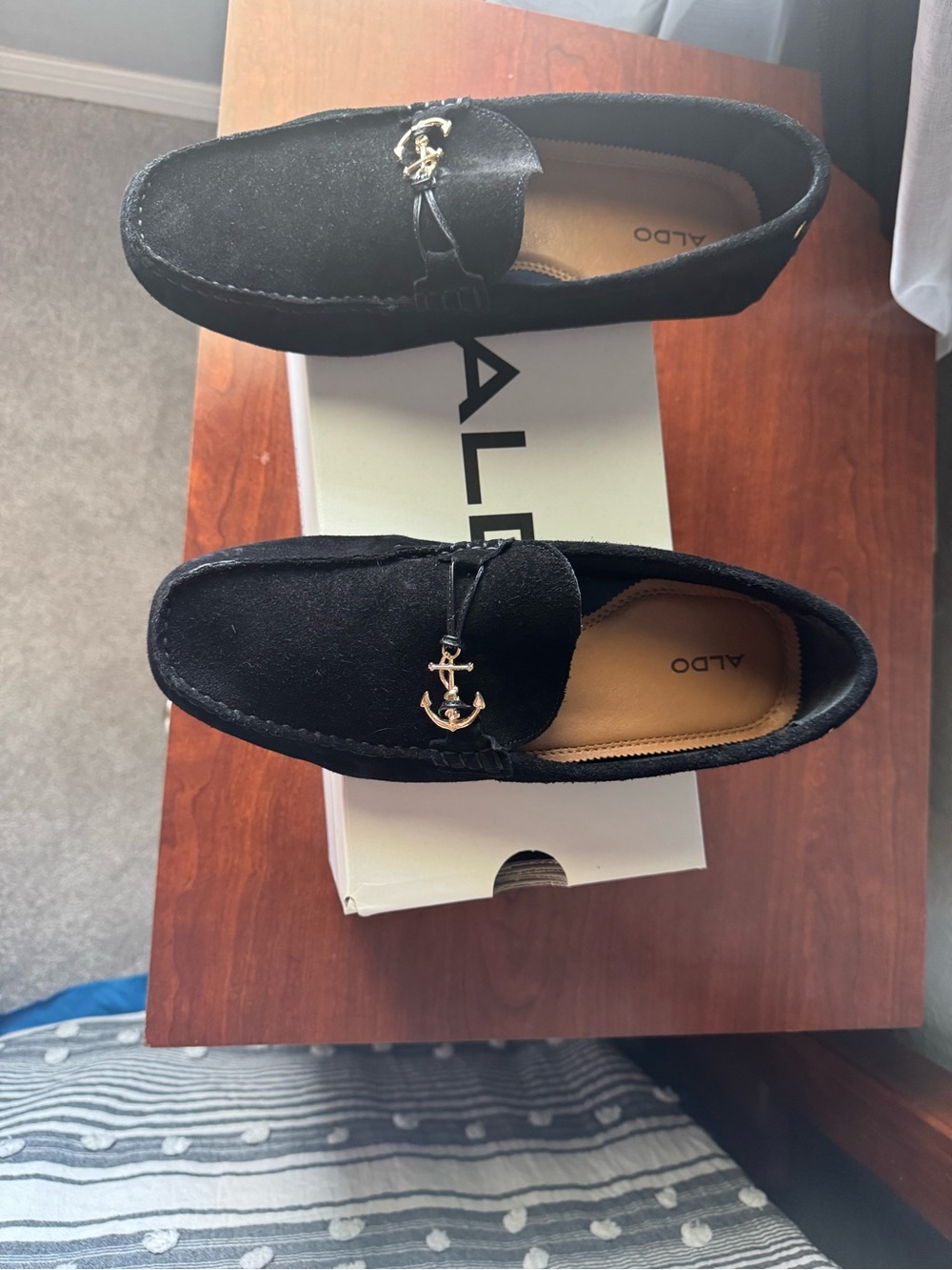 ALDO Black Suede Loafers with Gold Anchor Accent